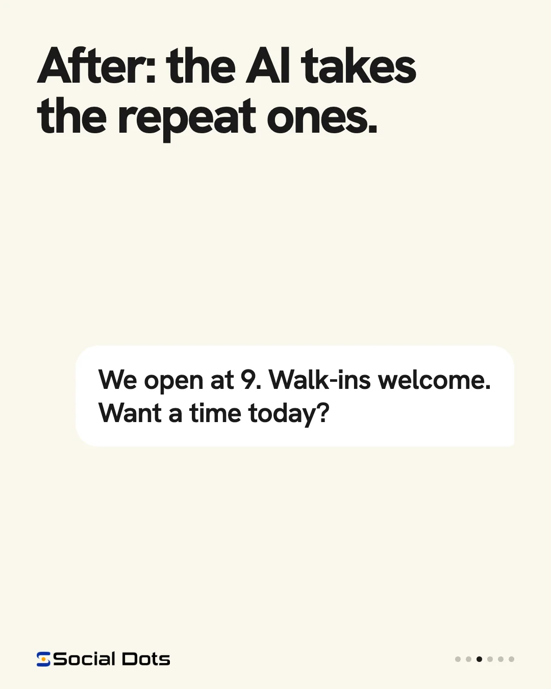 Illustrative slide showing an AI answering a repeat question about hours and walk-ins