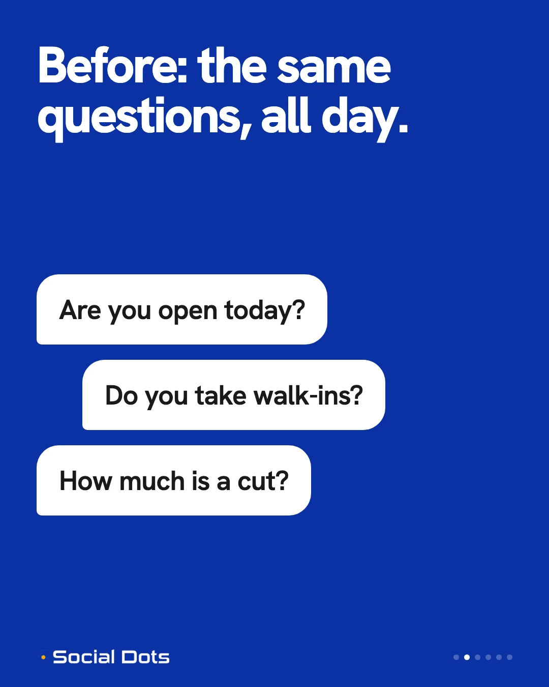 Illustrative slide showing repeat questions callers ask before an AI receptionist is introduced