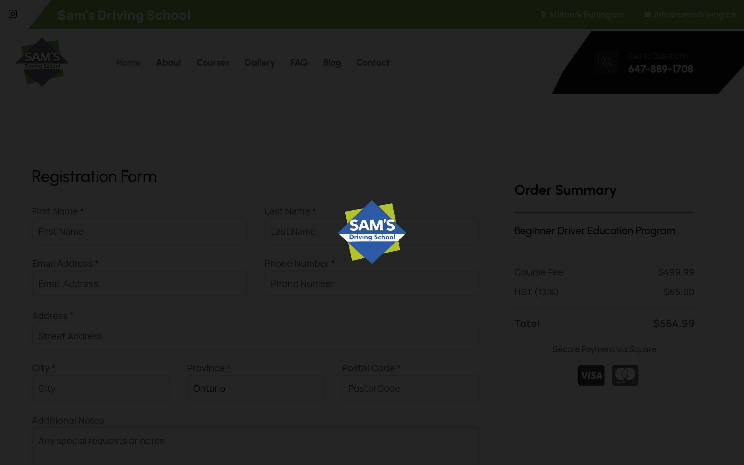 Sam's Driving School enrollment page showing the registration form, order summary, and Square payment options