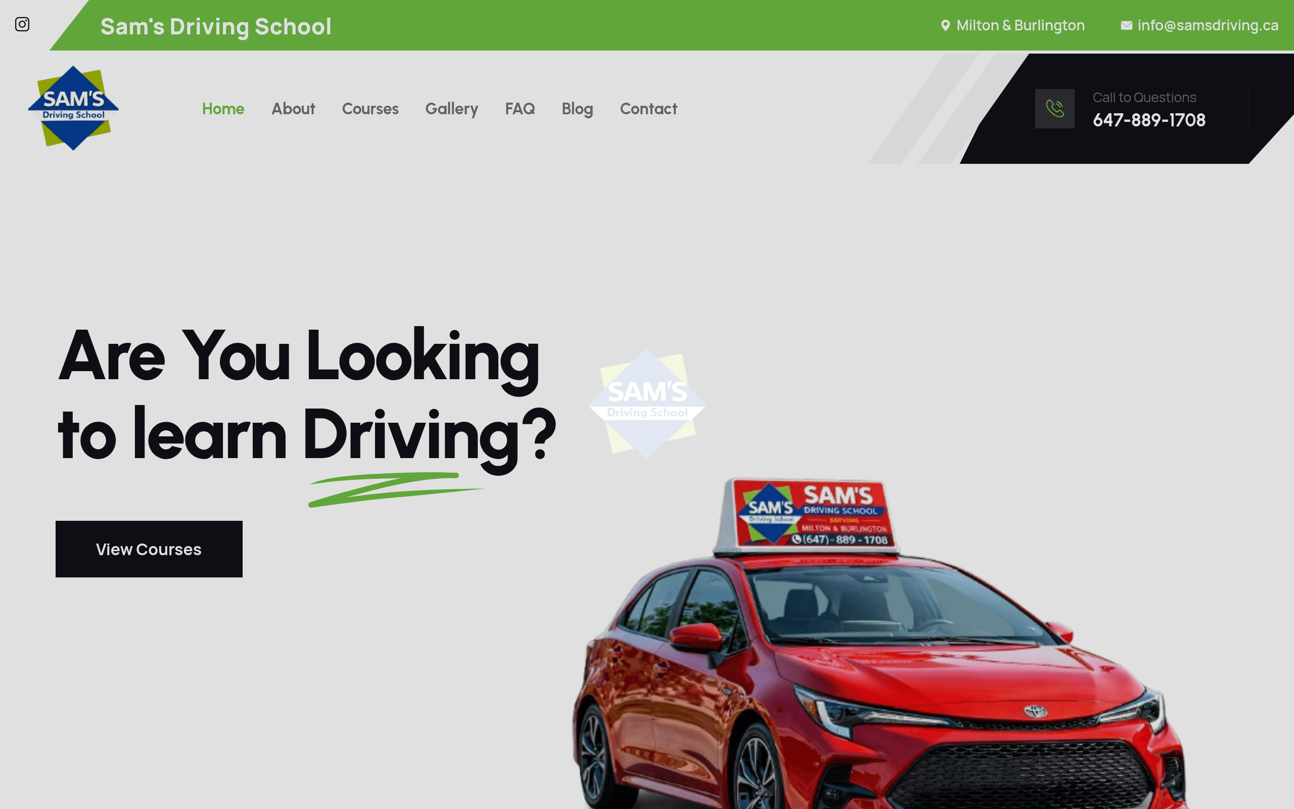Sam's Driving School homepage showing the main hero message, navigation, and branded lesson car