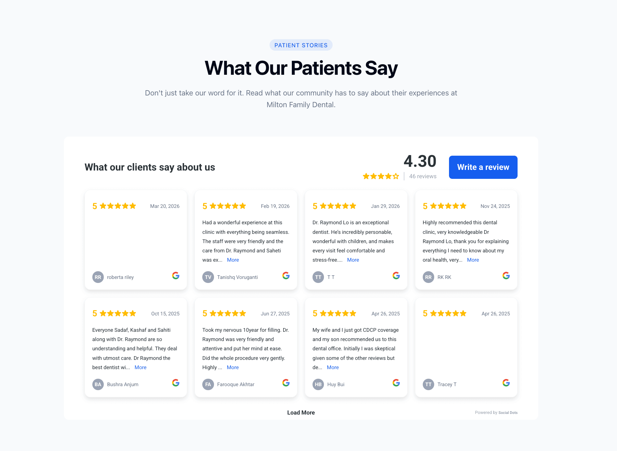 Automated Google review engine running on the Milton Family Dental site