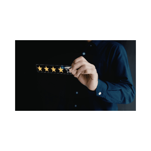 Hand holding a five-star review strip