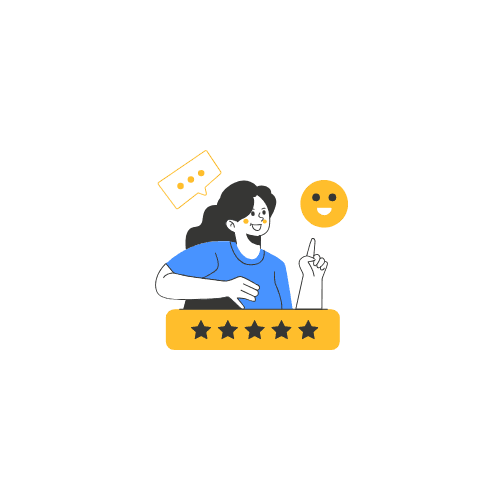 Illustration of a happy customer beside a five-star review card